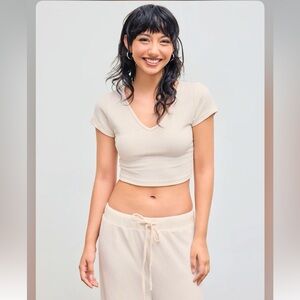 Cider V-NECK SHORT SLEEVE CROP TEE & KNOTTED WIDE LEG PANTS SET AB9-1 XS